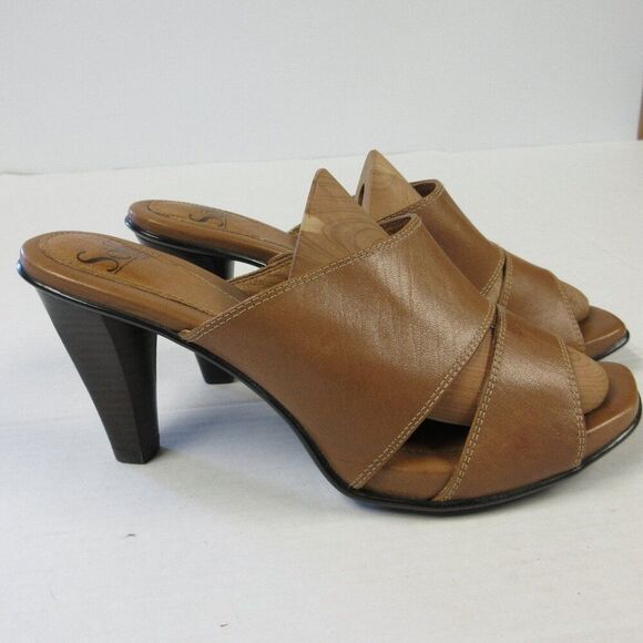 SOFFT Brown Tan Leather Heeled Sandals Size 8.5 Slip On Slide Mule Shoes 1227700 - Picture 1 of 15